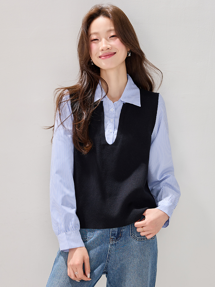 Retro black shirt Pseudo-two tops for women