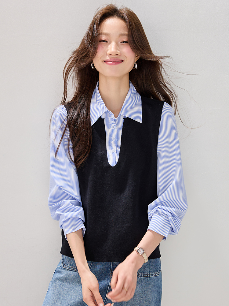 Retro black shirt Pseudo-two tops for women