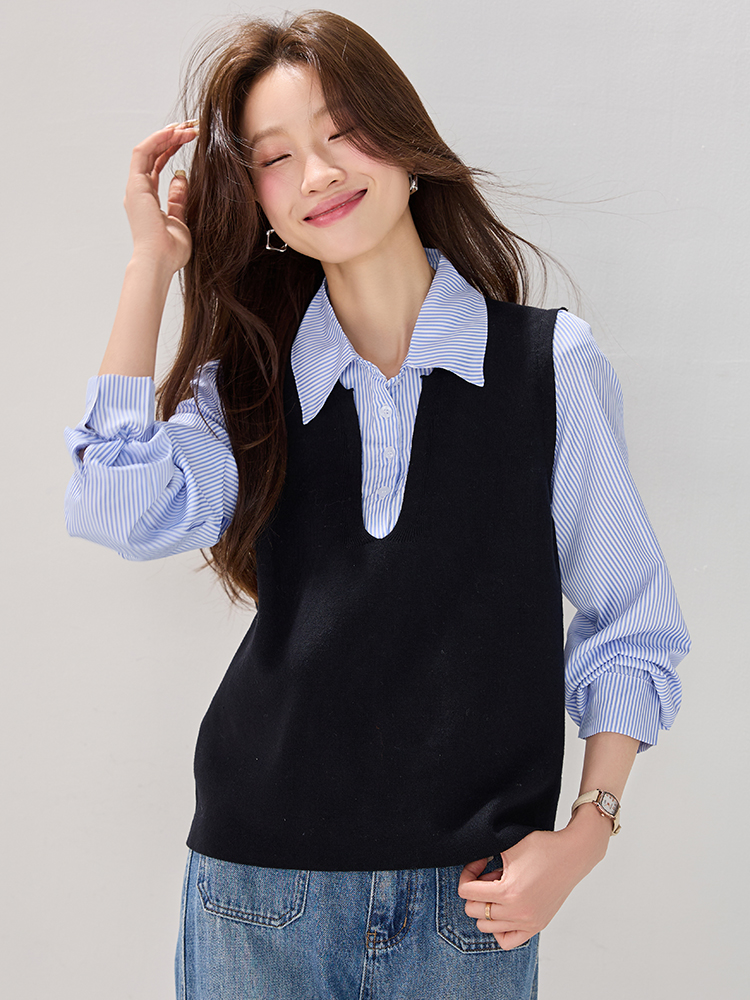 Retro black shirt Pseudo-two tops for women