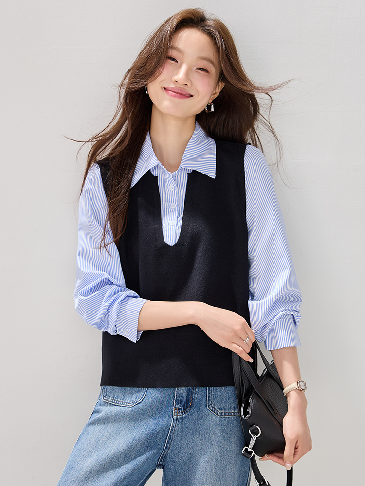 Retro black shirt Pseudo-two tops for women