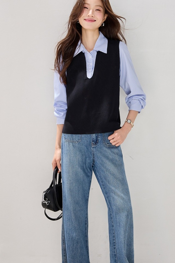 Retro black shirt Pseudo-two tops for women