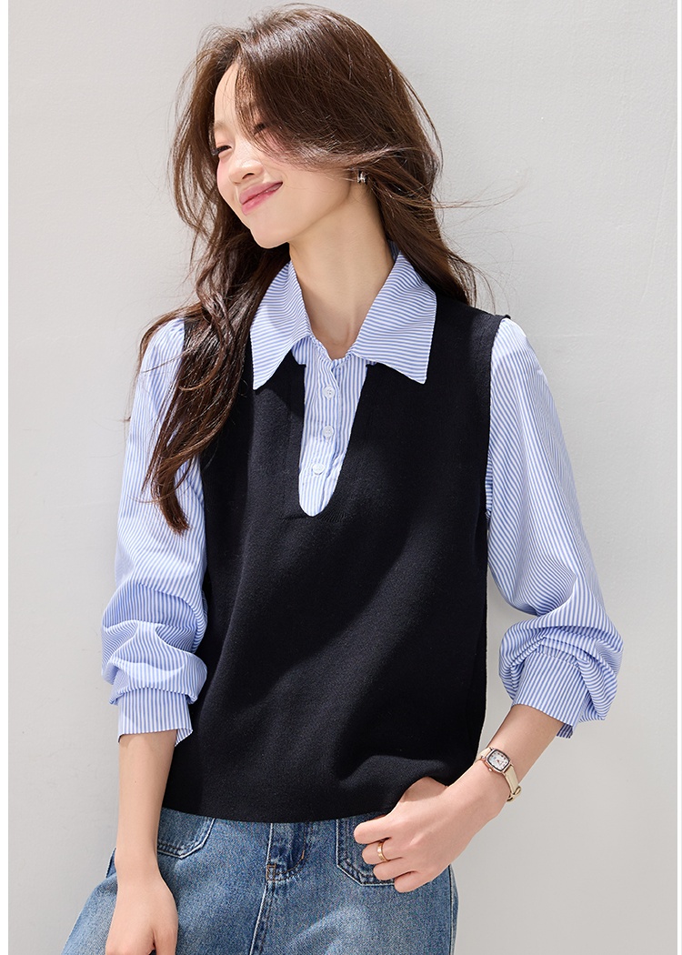 Retro black shirt Pseudo-two tops for women