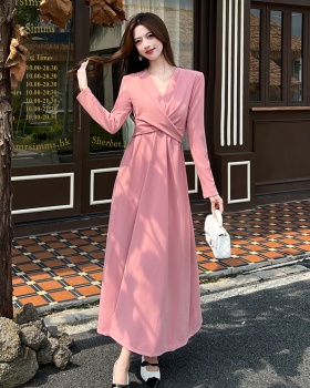 V-neck slim long dress autumn pinched waist dress