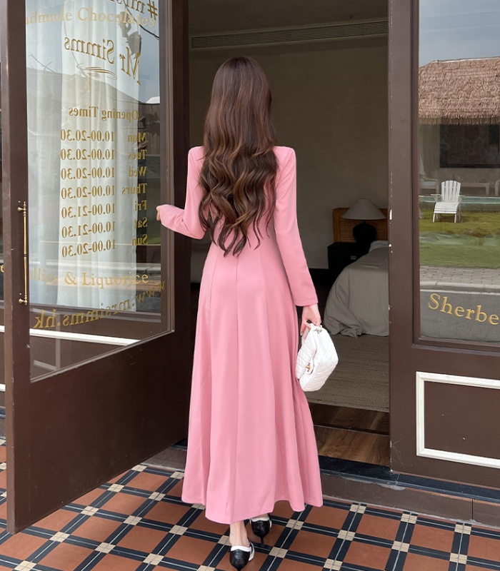 V-neck slim long dress autumn pinched waist dress
