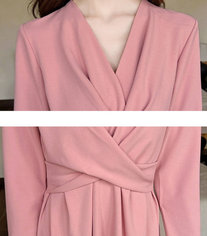 V-neck slim long dress autumn pinched waist dress