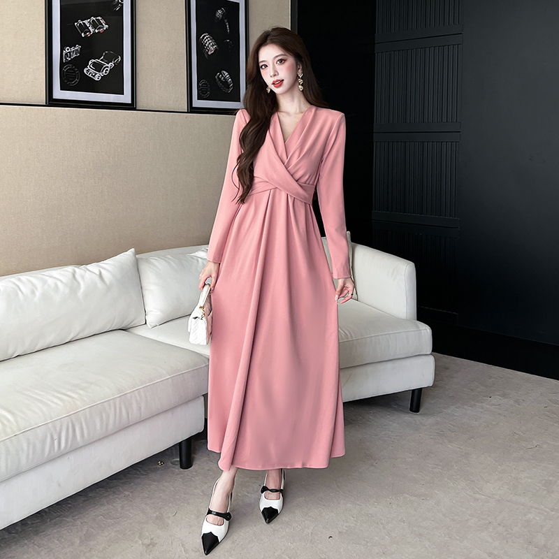 V-neck slim long dress autumn pinched waist dress