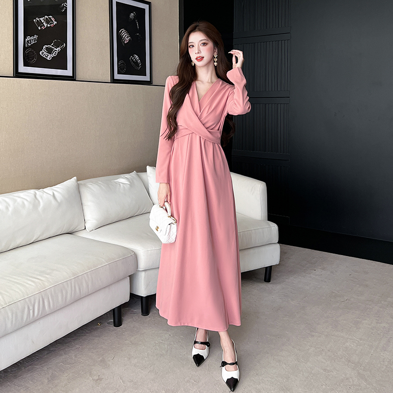 V-neck slim long dress autumn pinched waist dress