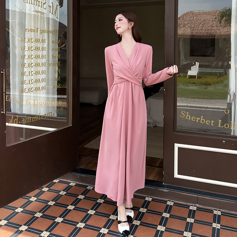 V-neck slim long dress autumn pinched waist dress