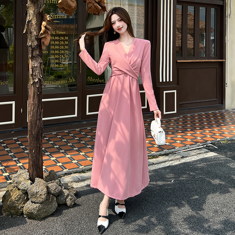 V-neck slim long dress autumn pinched waist dress
