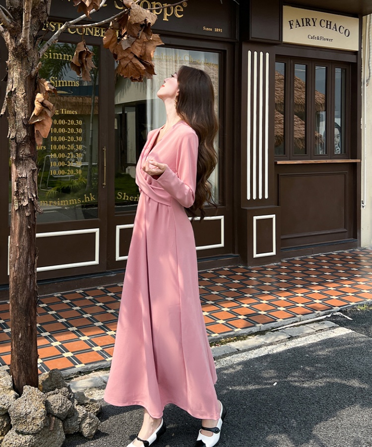 V-neck slim long dress autumn pinched waist dress