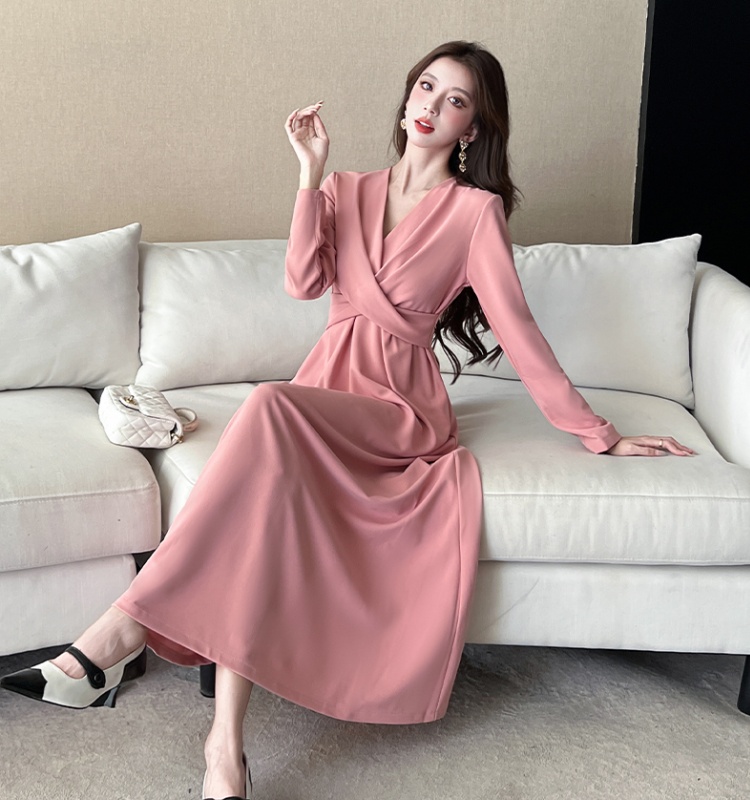 V-neck slim long dress autumn pinched waist dress