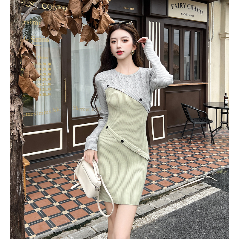 Green autumn light luxury package hip dress for women