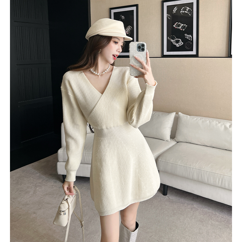 Pinched waist dress slim sweater dress for women