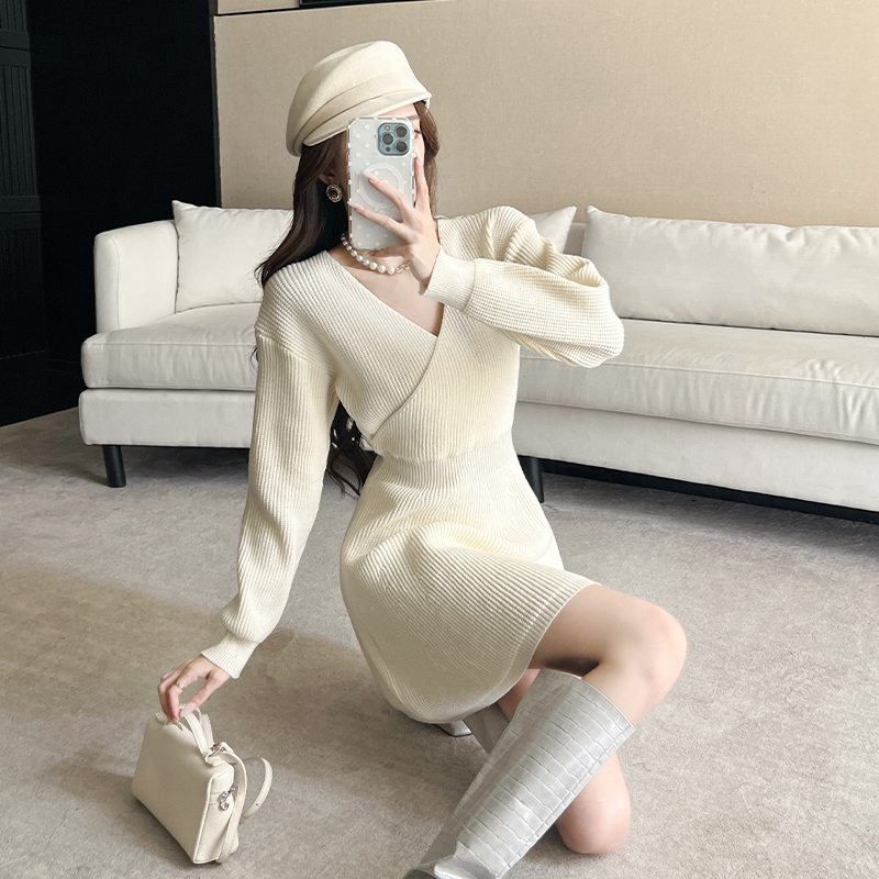 Pinched waist dress slim sweater dress for women