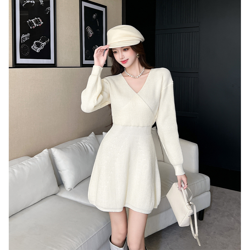 Pinched waist dress slim sweater dress for women