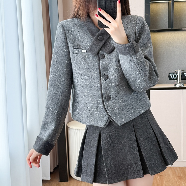Cross collar Western style jacket chanelstyle short skirt 2pcs set