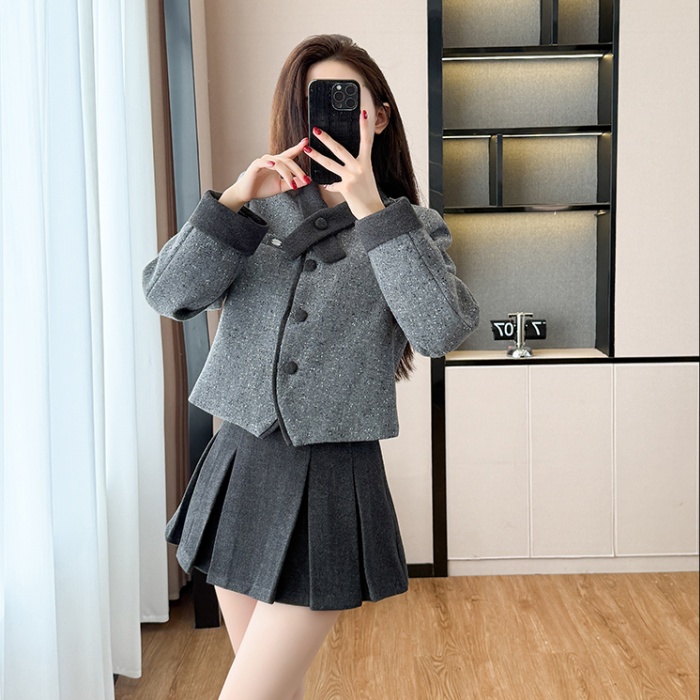 Cross collar plus cotton short skirt thick jacket 2pcs set