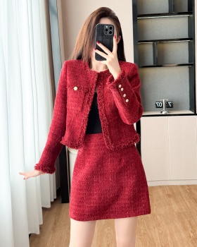 Coarse flower chanelstyle fashion red winter coat 2pcs set