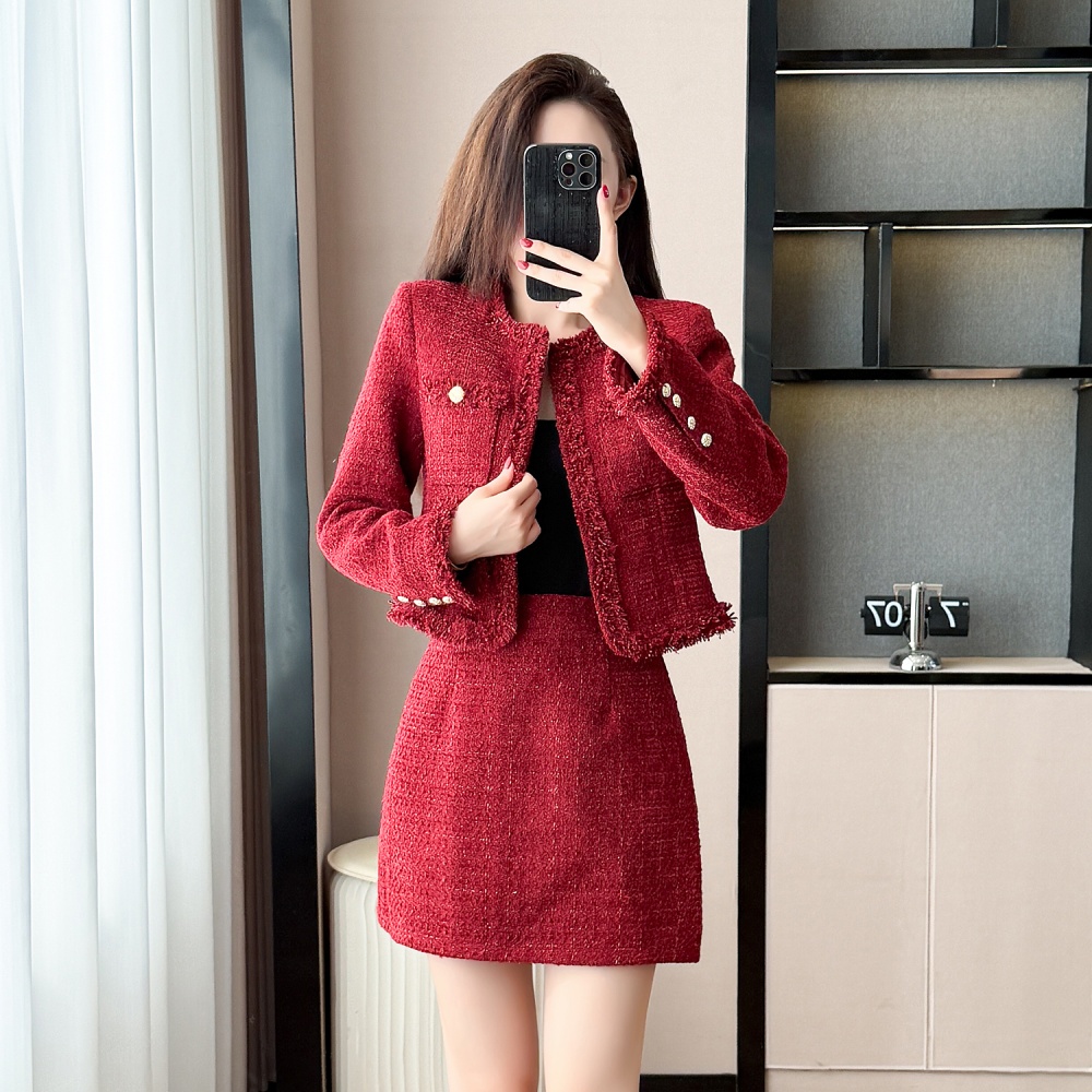 Coarse flower chanelstyle fashion red winter coat 2pcs set