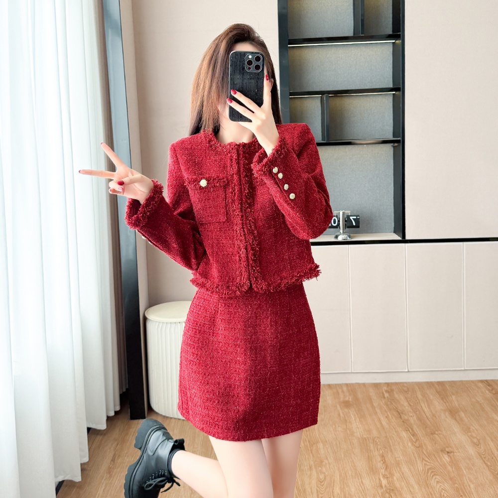 Red short skirt plus cotton coat 2pcs set for women