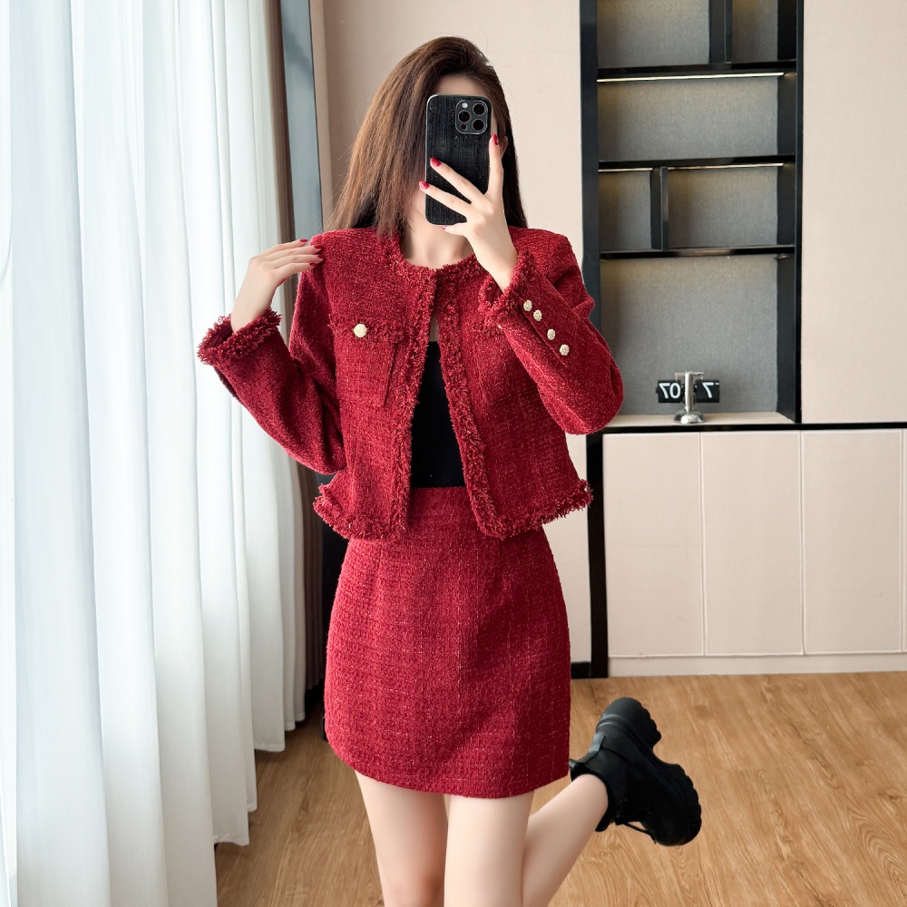 Red short skirt plus cotton coat 2pcs set for women