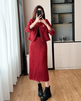 Chanelstyle coarse flower coat red winter formal dress 2pcs set