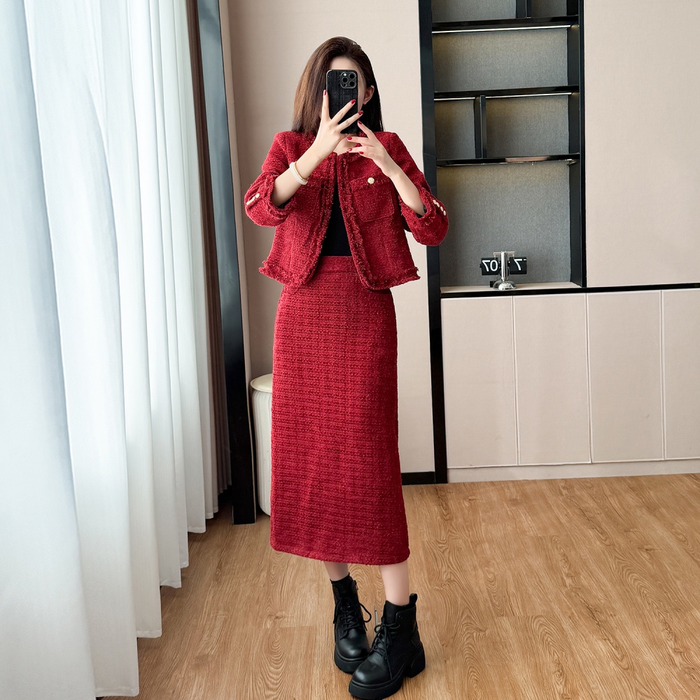 Chanelstyle coarse flower coat red winter formal dress 2pcs set