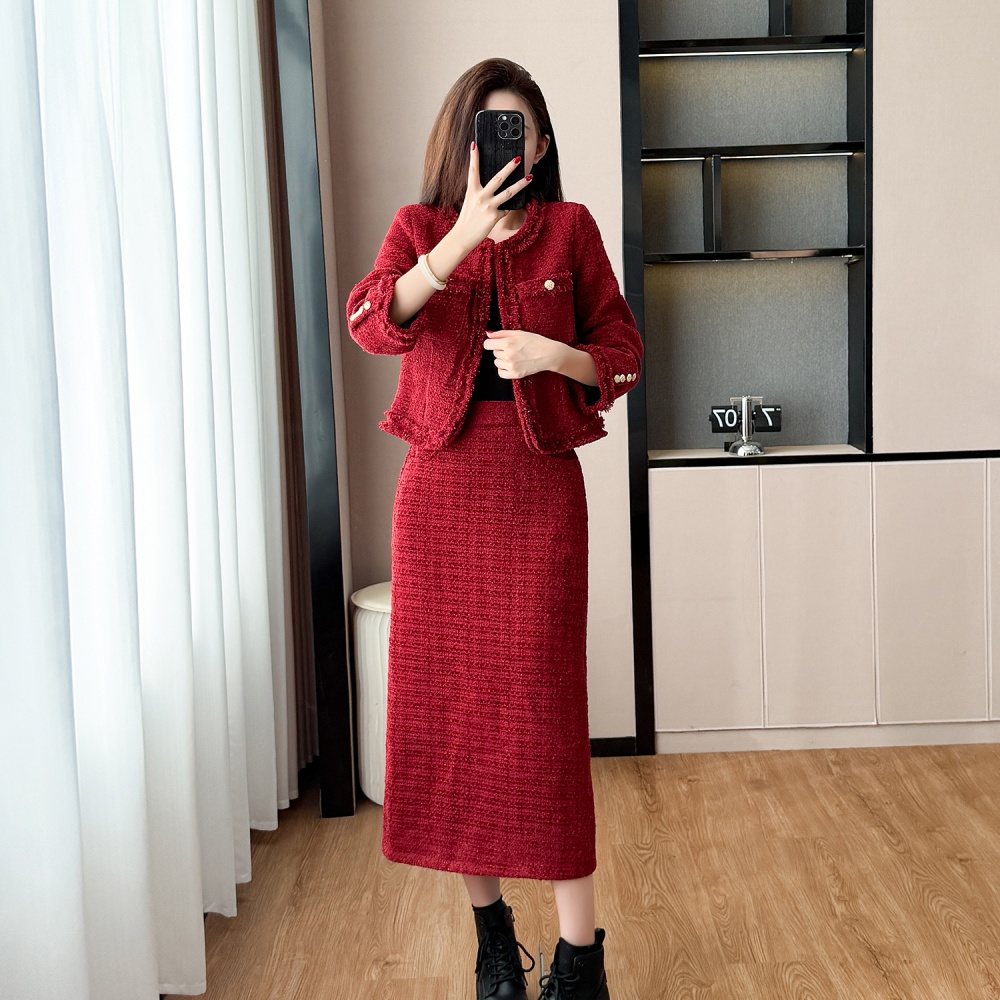 Chanelstyle coarse flower coat red winter formal dress 2pcs set