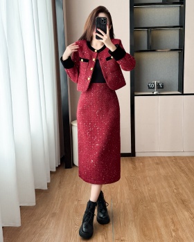 Fashion split long skirt round neck coat 2pcs set for women