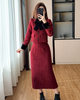 Autumn and winter red plus cotton thick skirt 2pcs set for women