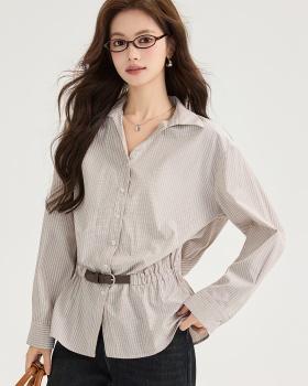 V-neck autumn all-match tops stripe commuting temperament shirt