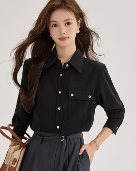 Black gold buckle commuting shirt satin long sleeve tops