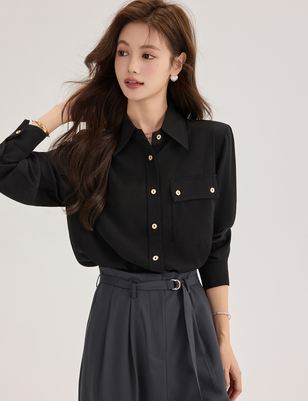 Black gold buckle commuting shirt satin long sleeve tops