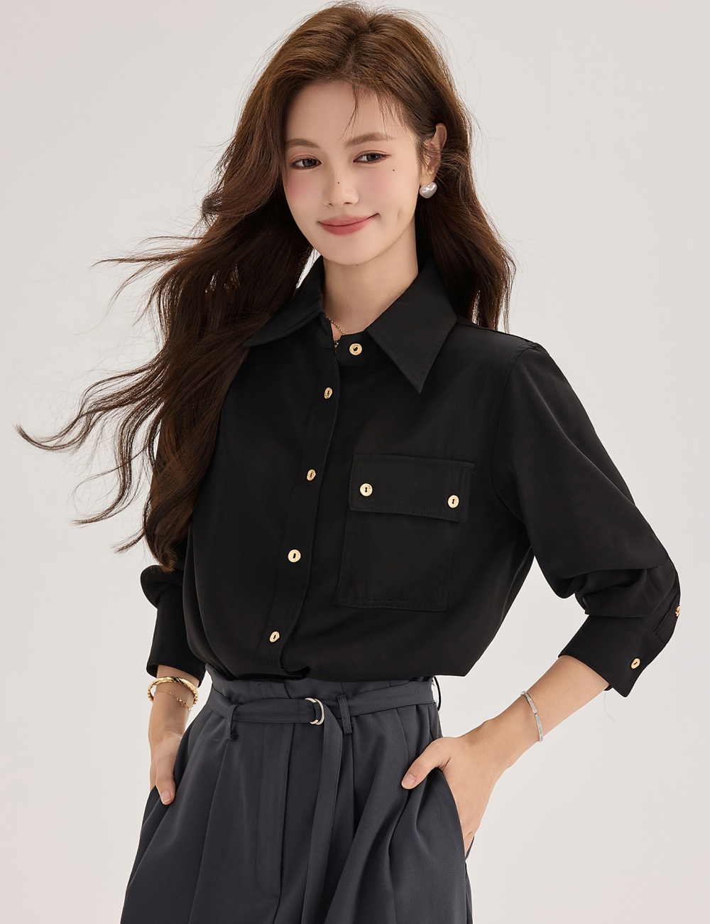 Black gold buckle commuting shirt satin long sleeve tops