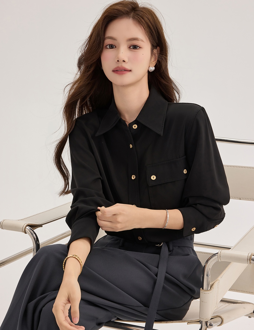 Black gold buckle commuting shirt satin long sleeve tops