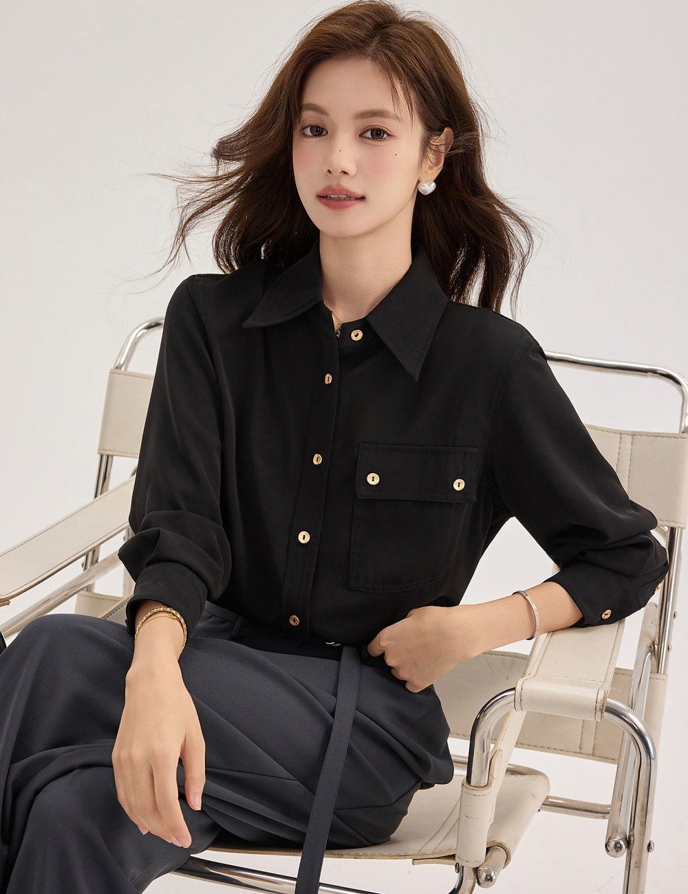 Black gold buckle commuting shirt satin long sleeve tops