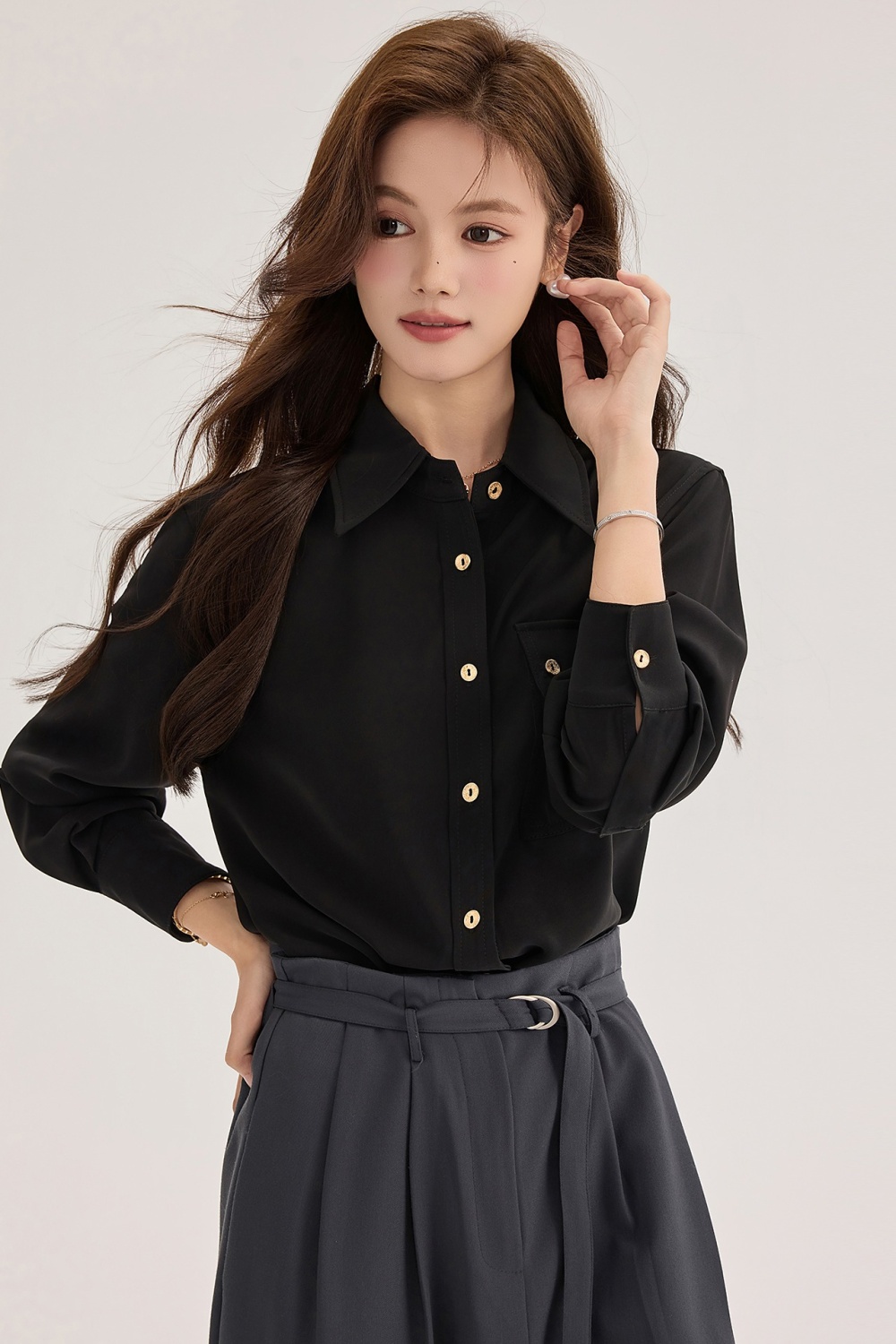 Black gold buckle commuting shirt satin long sleeve tops