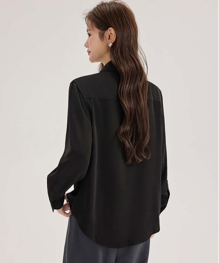 Black gold buckle commuting shirt satin long sleeve tops