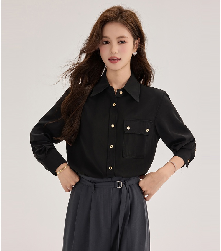 Black gold buckle commuting shirt satin long sleeve tops