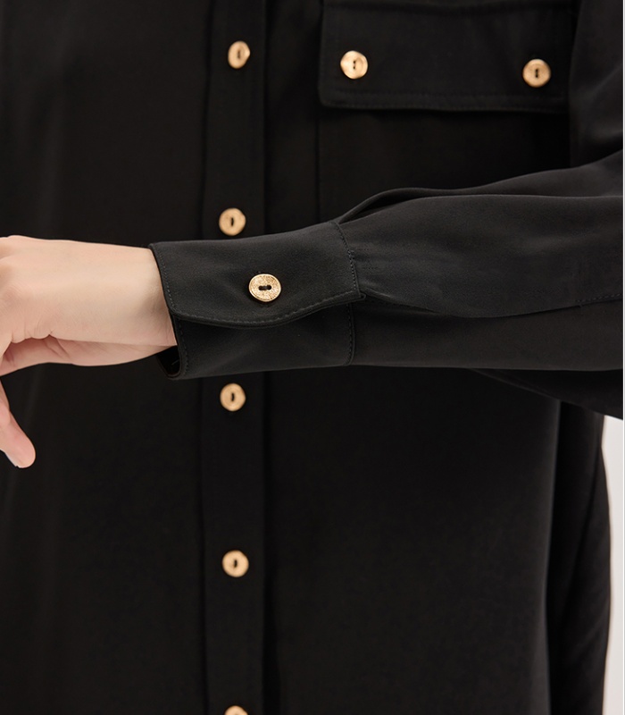 Black gold buckle commuting shirt satin long sleeve tops