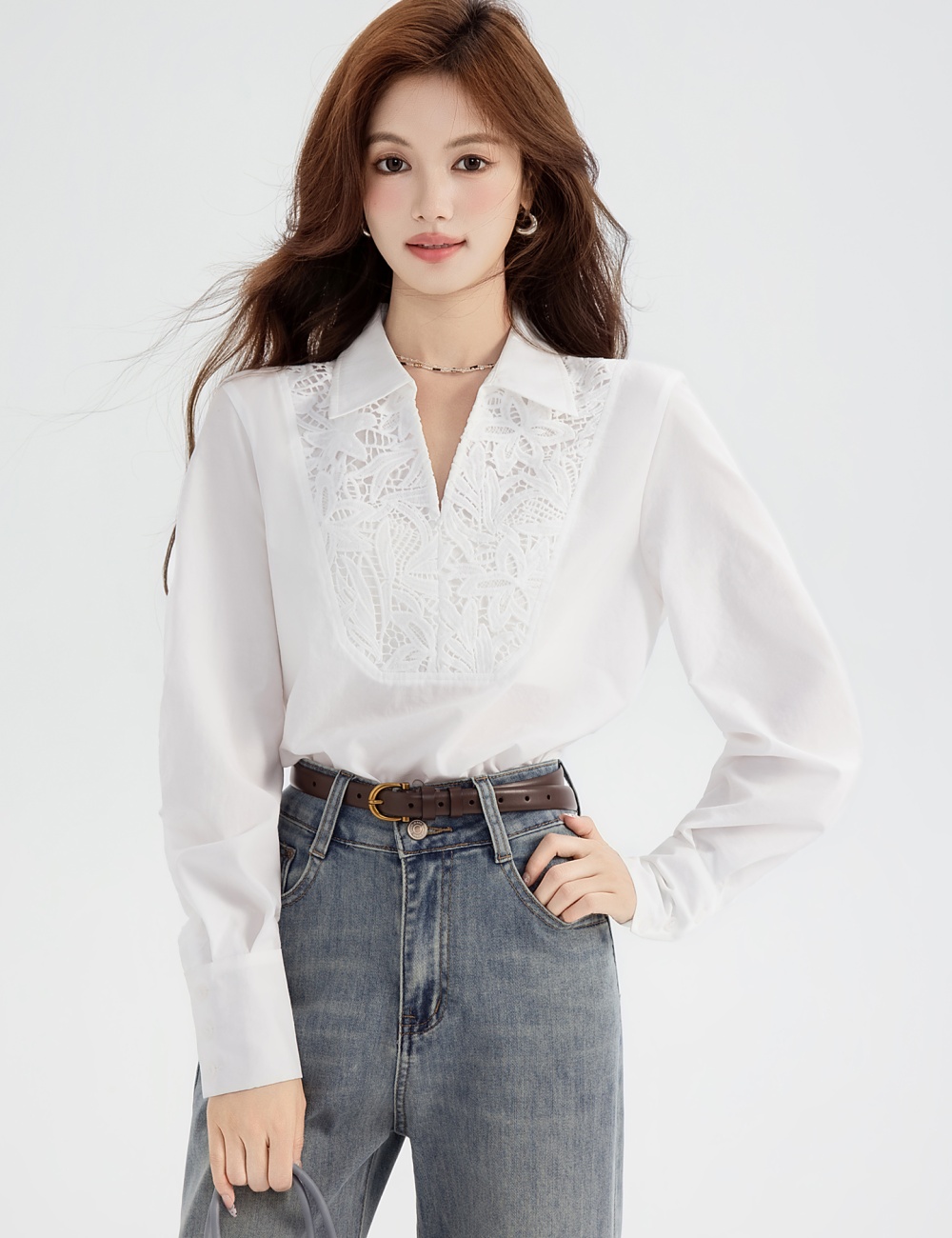 White splice light luxury tops autumn loose lace shirt