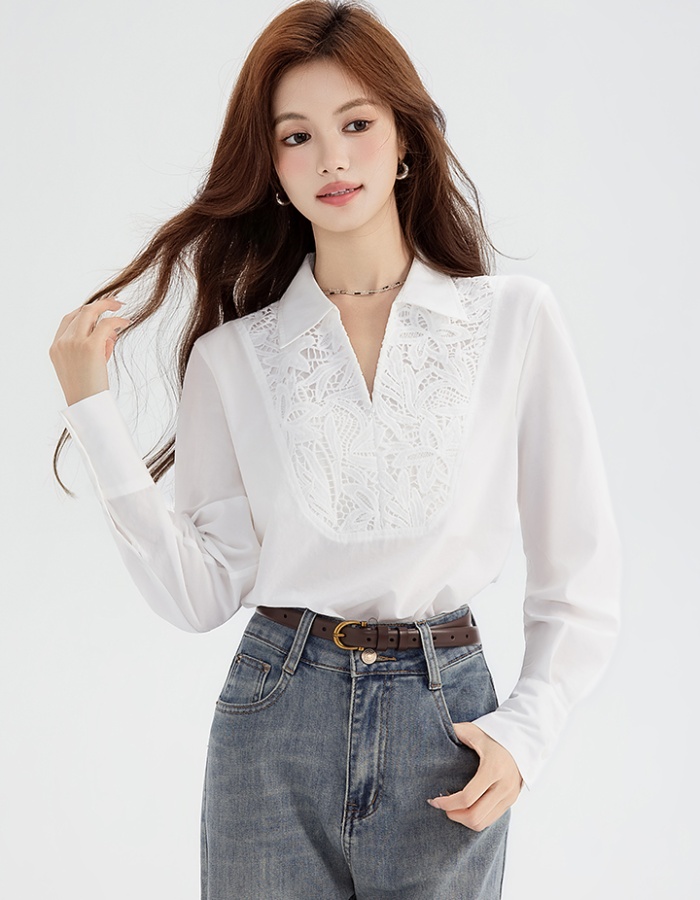 White splice light luxury tops autumn loose lace shirt
