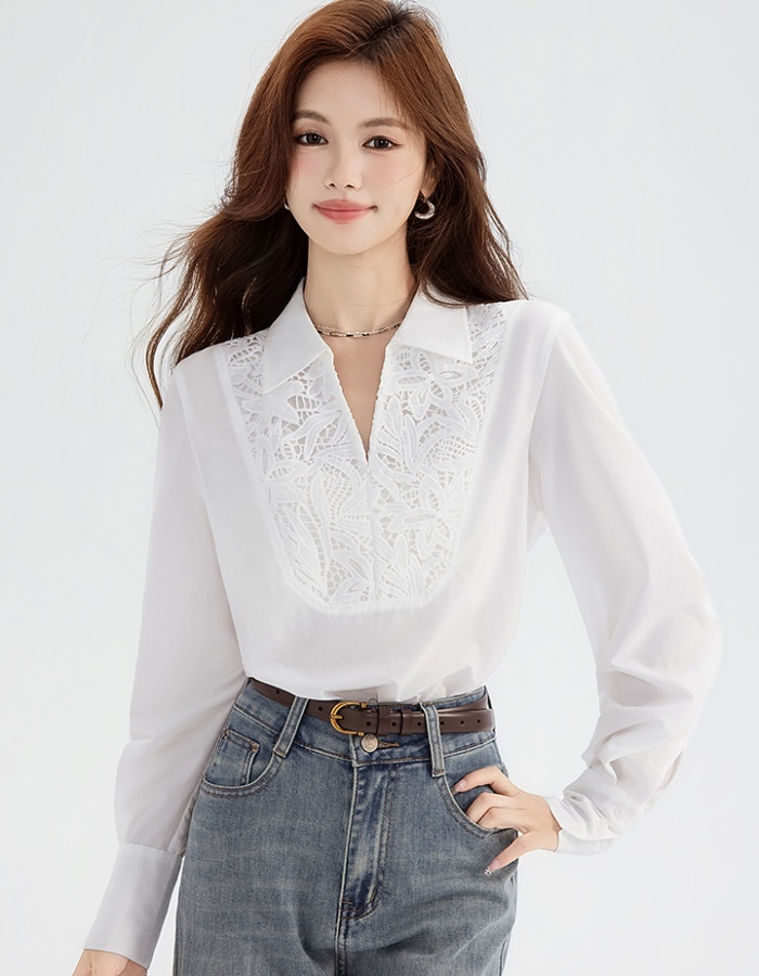 White splice light luxury tops autumn loose lace shirt