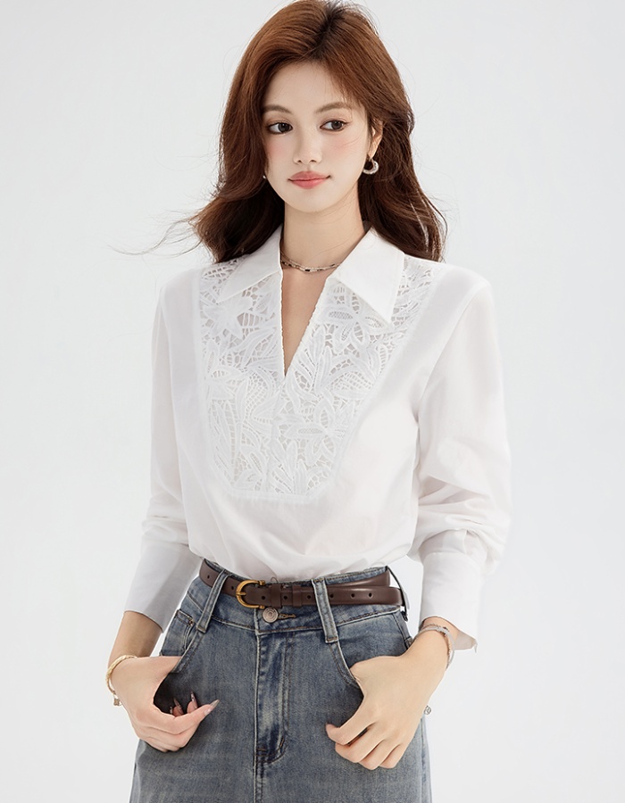 White splice light luxury tops autumn loose lace shirt