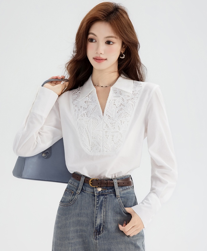 White splice light luxury tops autumn loose lace shirt