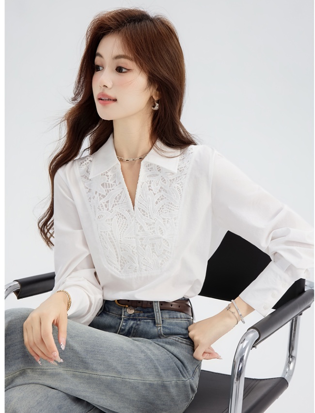 White splice light luxury tops autumn loose lace shirt