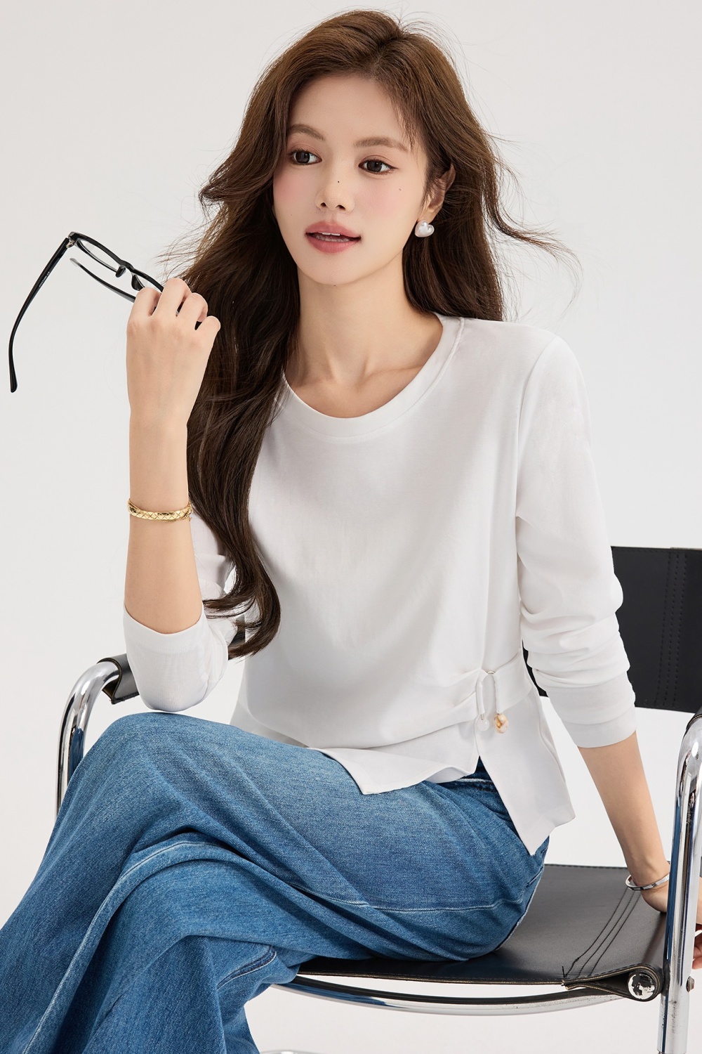 Long sleeve slim bottoming shirt fold tops for women