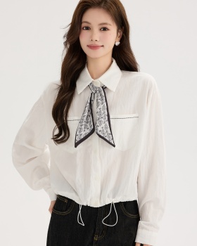 White long sleeve shirt pinched waist autumn tops