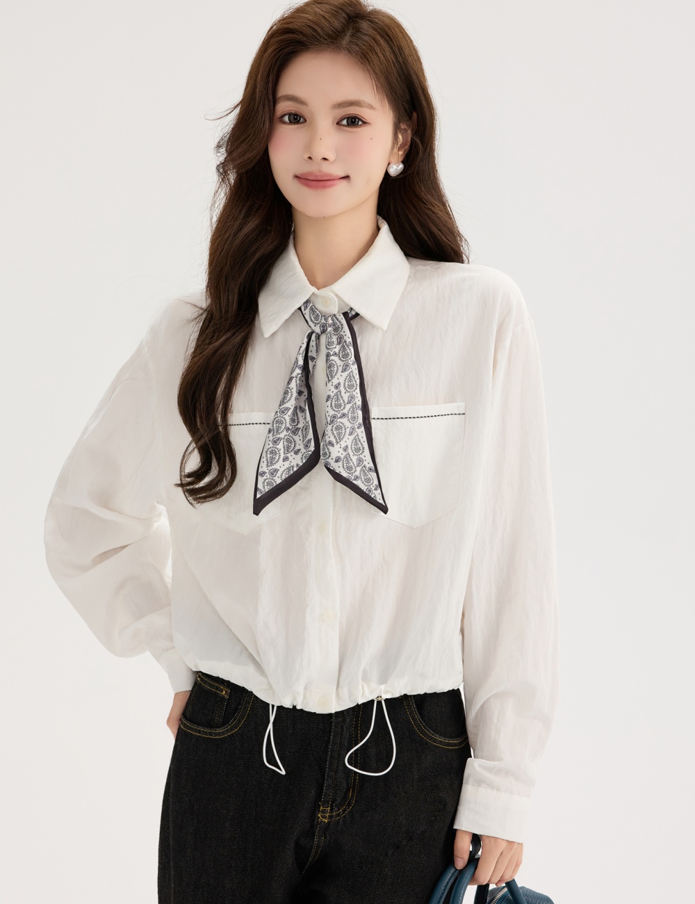 White long sleeve shirt pinched waist autumn tops