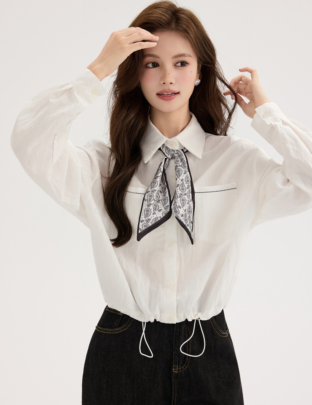 White long sleeve shirt pinched waist autumn tops